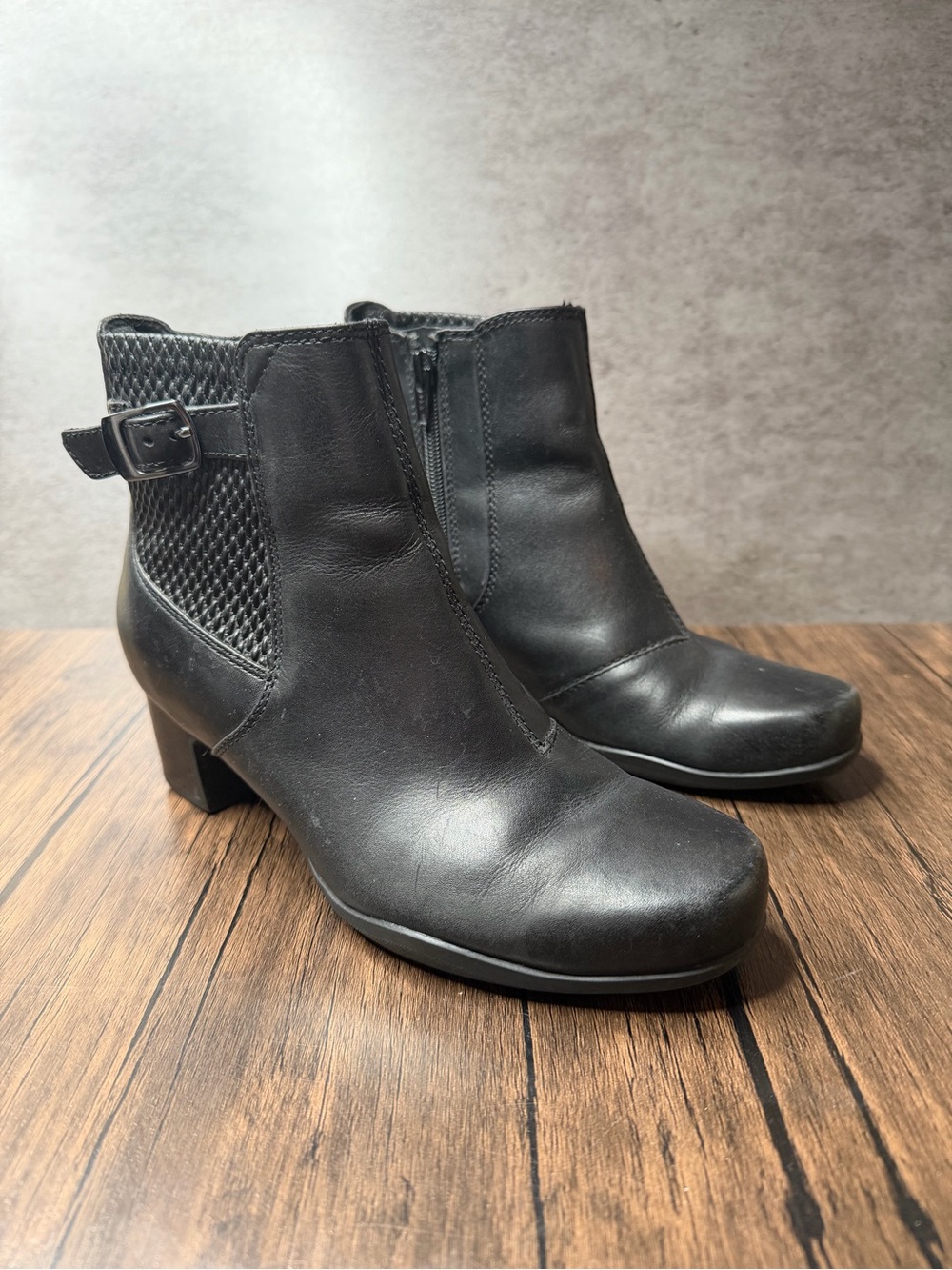 Clarks Black Leather Ankle Boots with Side Buckle